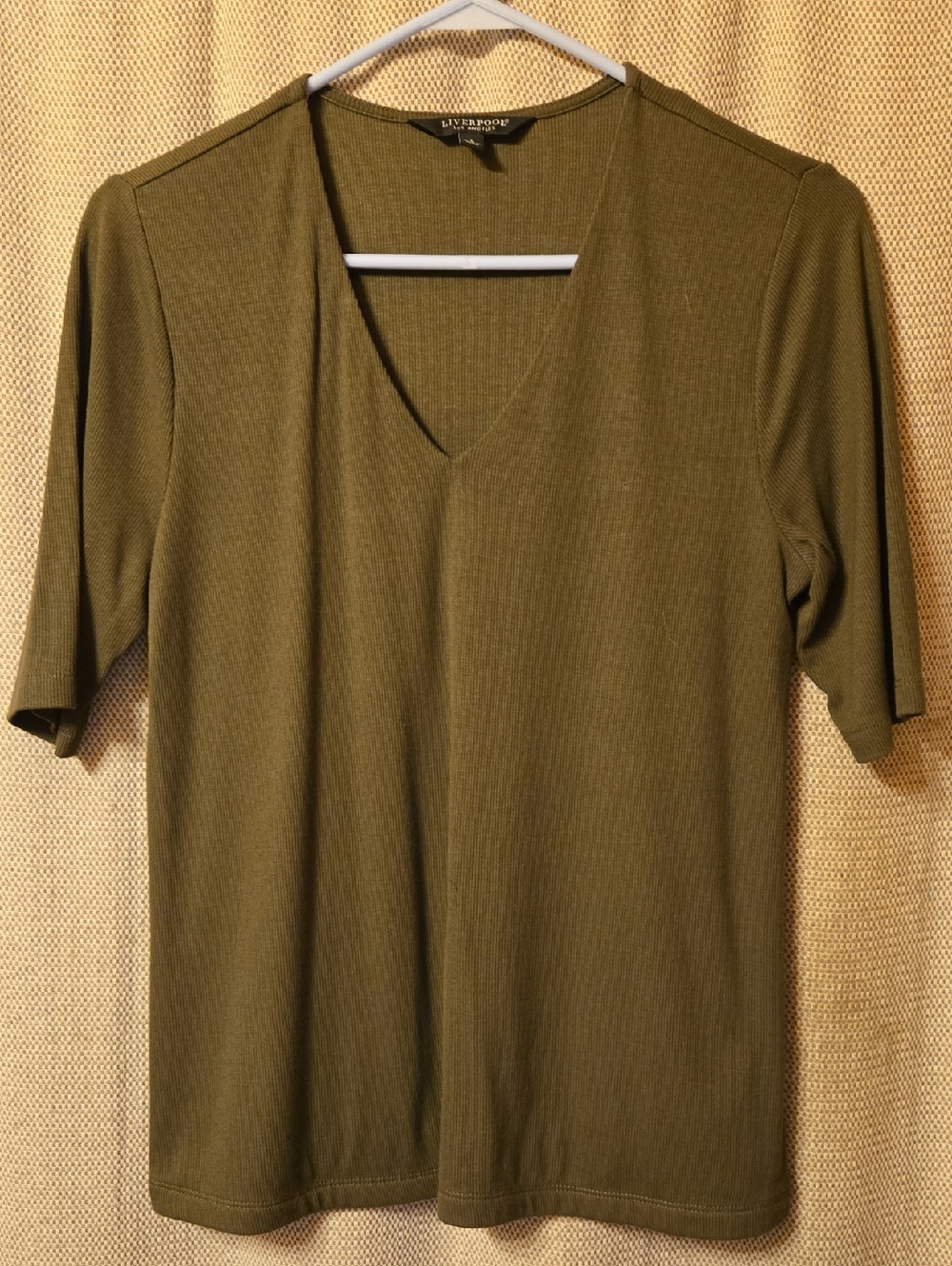 Liverpool Olive V-Neck Ribbed Short Sleeve Top - Women